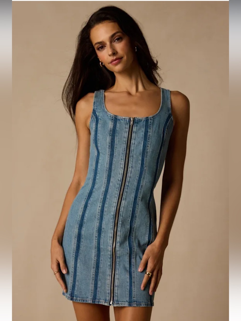 Seamed Zip Medium Wash Denim Mini Dress